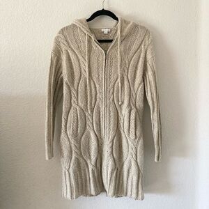 J.Jill Cable Knit Zip Hooded Wool Blend Long Cardigan